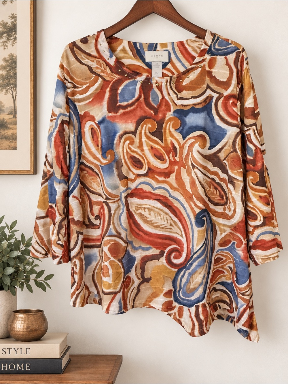 Abstract Paisley Studded Neck Asymmetrical Hem Top 2X